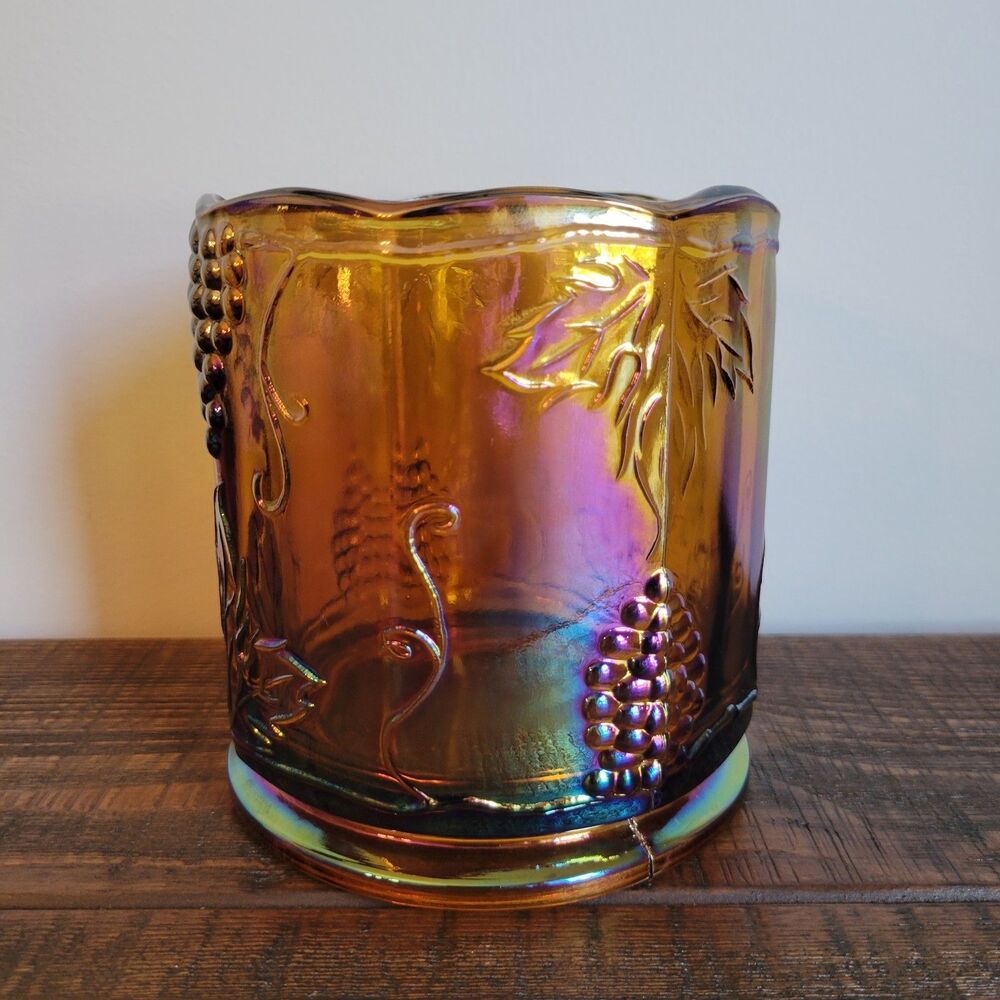 Vintage Indiana Glass Iridescent Marigold Carnival Glass Canister Harvest Grape